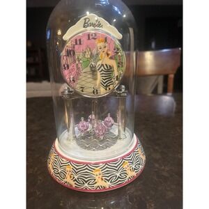 Barbie Anniversary Glass Dome Mantel Clock 1959 Swimsuit Design Pink Rotating